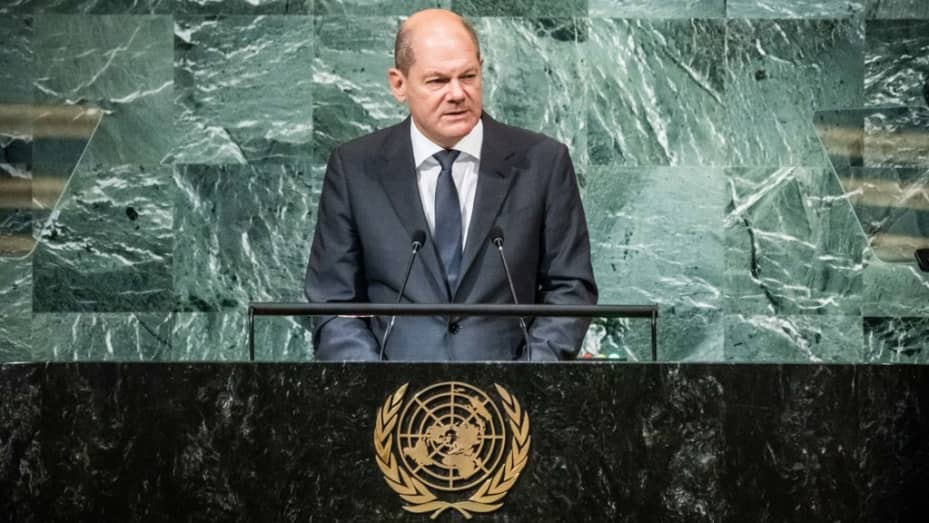 German Chancellor Olaf Scholz (SPD) addresses the delegates in the general debate at the 77th General Assembly of the U.N. The main topic of the General Assembly is the Russian war of aggression in Ukraine.
