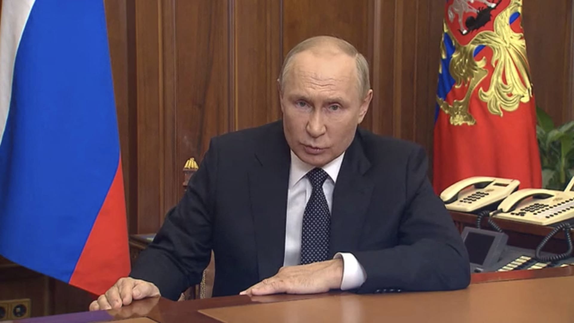 Russian President Vladimir Putin makes an address announcing a partial mobilisation in the course of Russia-Ukraine military conflict in Moscow, Russia, in this still image taken from video released September 21, 2022. 