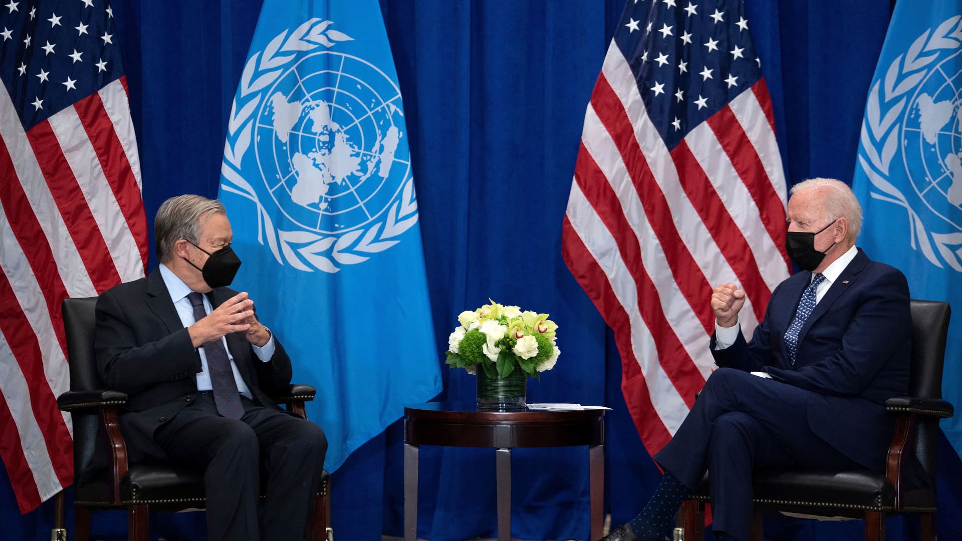 US President Joe Biden and United Nations Secretary General Antonio Guterres hold a bilateral meeting on the sidelines of the UN General Assembly 76th session General Debate at the United Nations Headquarters, in New York, September 20, 2021.