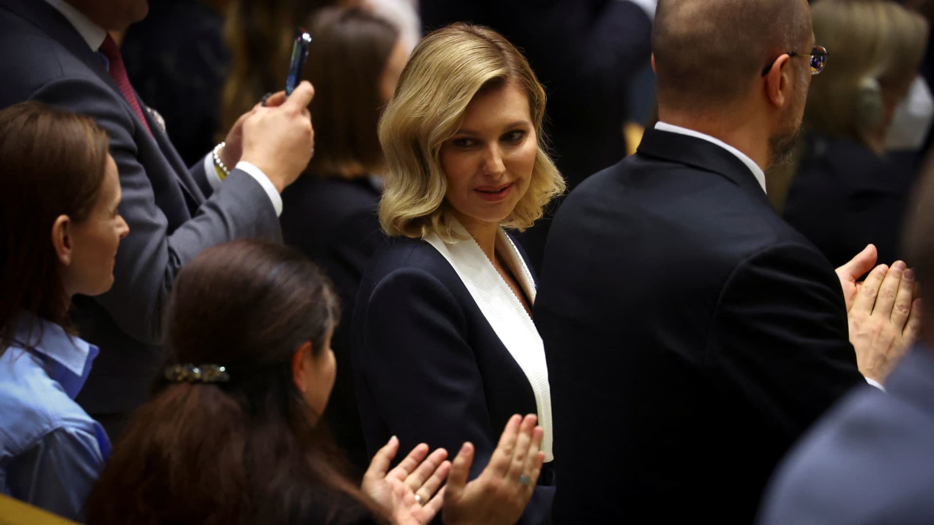 Ukraine’s first lady Olena Zelenska smiles during a standing ovation following Ukraine’s President Volodymyr Zelenski's address via a video during the 77th Session of the United Nations General Assembly at U.N. Headquarters in New York City, September 21, 2022.