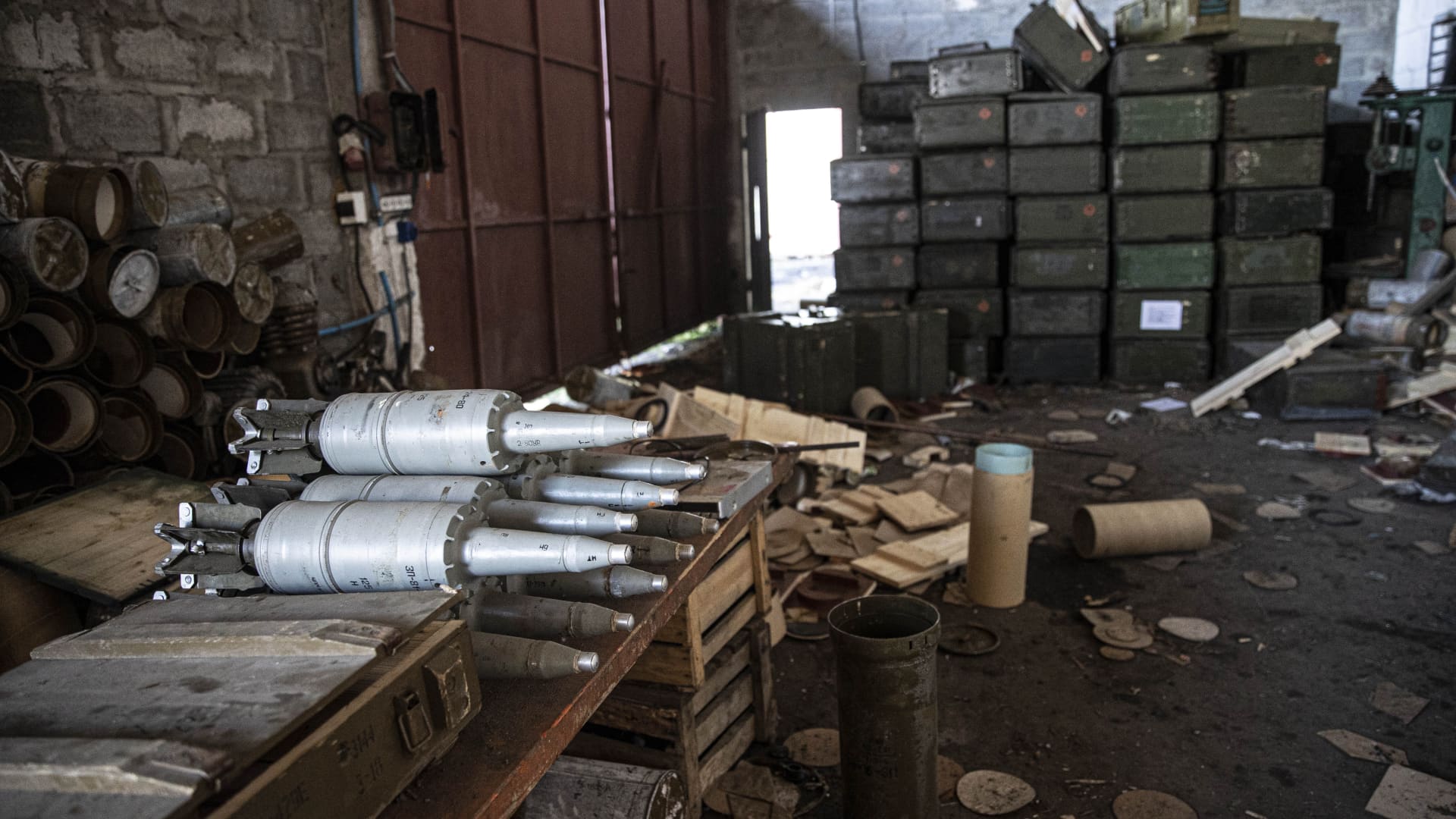  Ukrainian forces found a large amount of ammunition belonging to the Russian forces during their searches in the village. (Photo by Metin Aktas/Anadolu Agency via Getty Images)