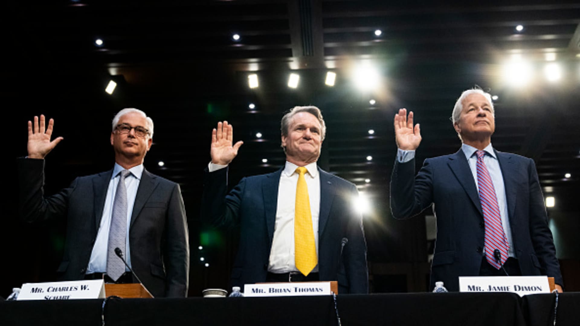 Charles Scharf, CEO of Wells Fargo, Brian Moynihan, CEO of Bank of America, and Jamie Dimon, CEO of JPMorgan Chase, are sworn in during the Senate Banking, Housing, and Urban Affairs Committee hearing titled Annual Oversight of the Nations Largest Banks, in Hart Building on Thursday, September 22, 2022.