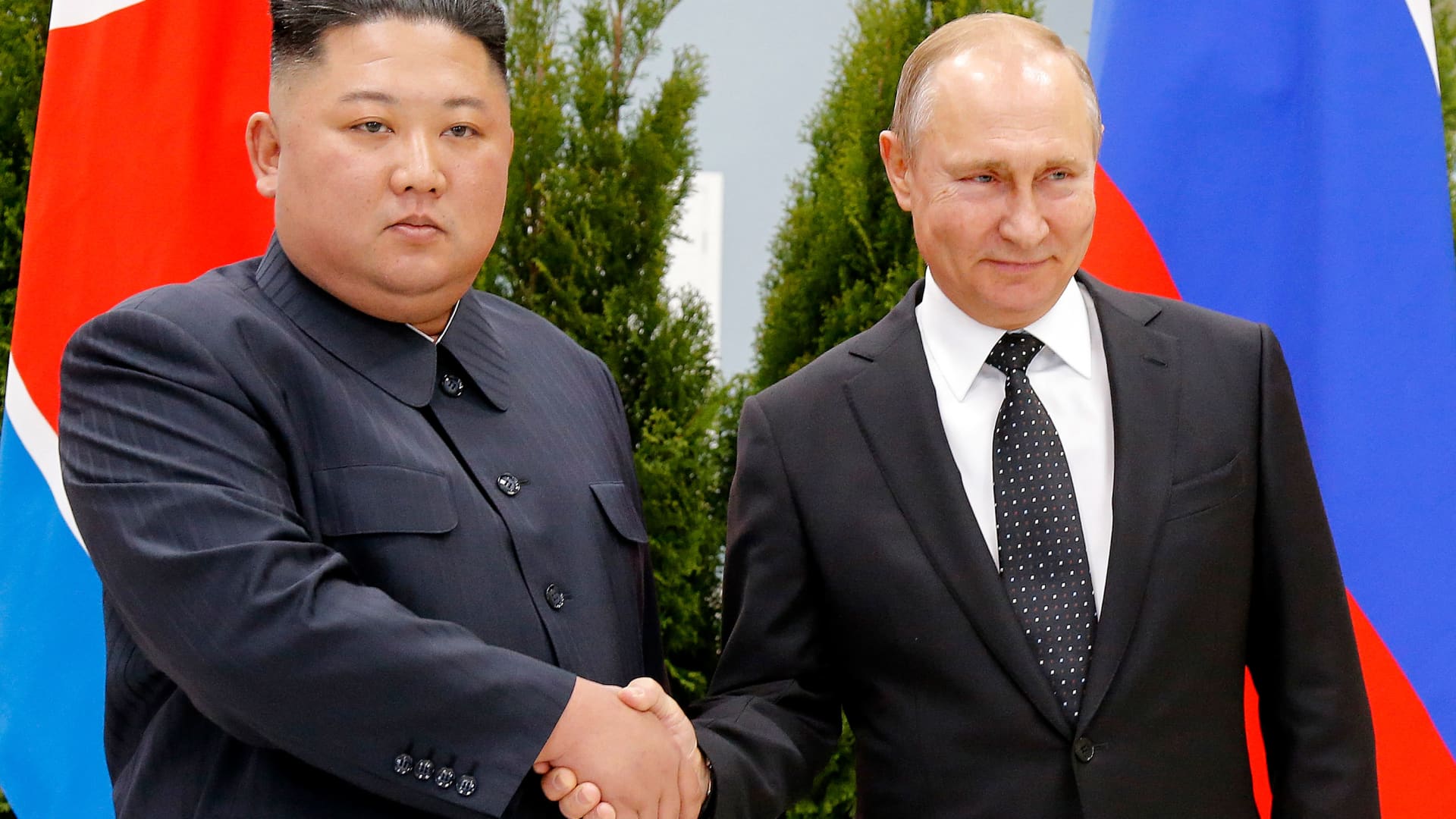 Russian President Vladimir Putin, right, and North Korea's leader Kim Jong Un shake hands during their meeting in Vladivostok, Russia, Thursday, April 25, 2019.