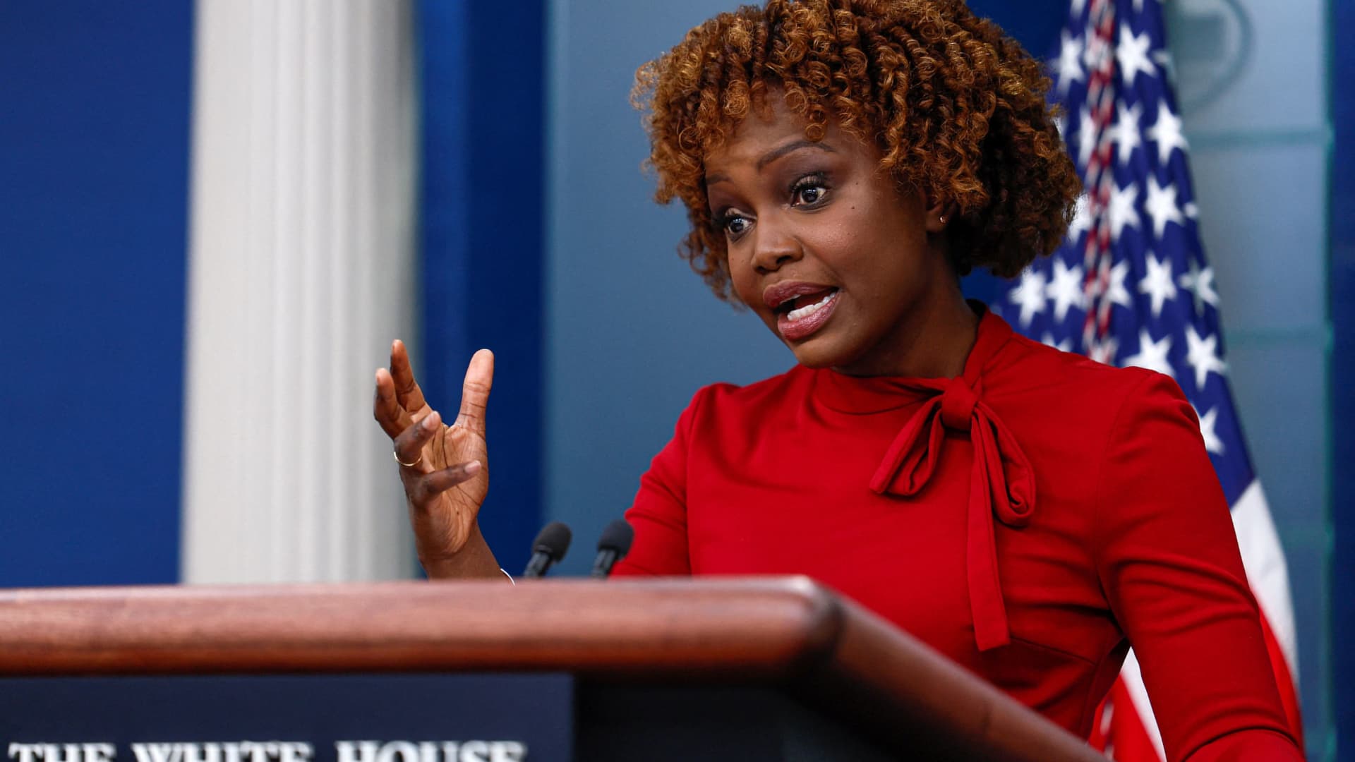 Press Secretary Karine Jean-Pierre holds the daily press briefing at the White House in Washington, September 23, 2022.