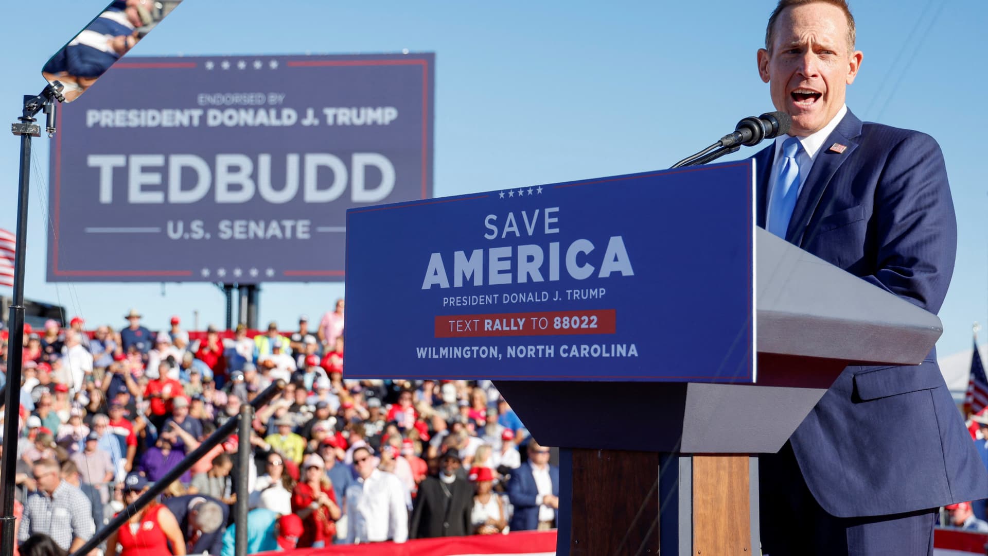 U.S. Rep. Ted Budd (R-NC), the North Carolina Republican nominee for U.S. Senate, takes the stage to deliver remarks ahead of a rally by former President Donald Trump at Wilmington International Airport in Wilmington, North Carolina, September 23, 2022.