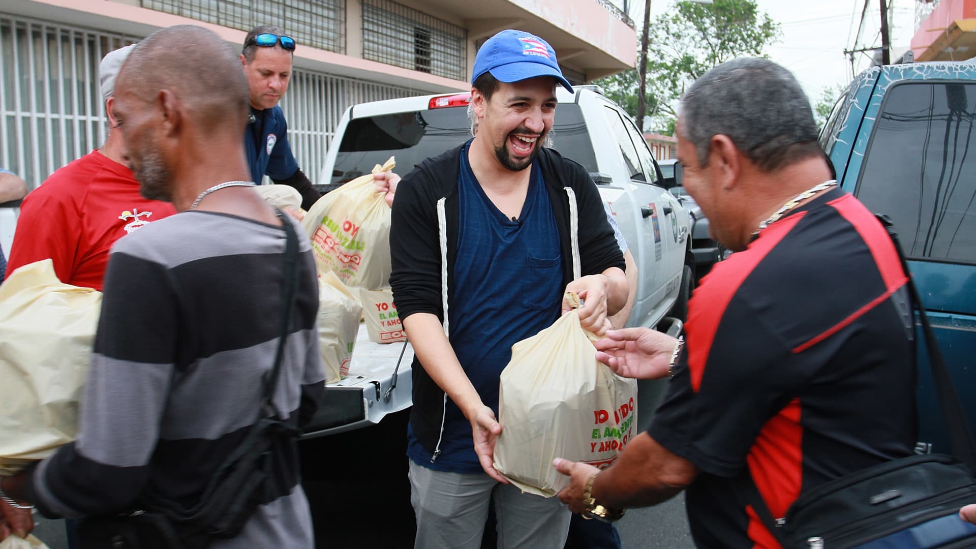 Manuel Miranda delivers food to victims of Hurricane Maria at La Placita de Guisin on November 7, 2017 in Vega Alta, Puerto Rico.