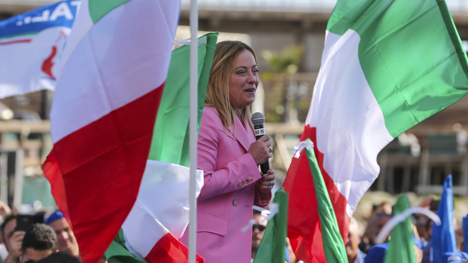 Giorgia Meloni and her far-right Brothers of Italy party top vote in Italian ele..