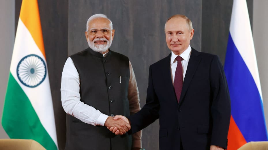 Russian President Vladimir Putin meets with India's Prime Minister Narendra Modi on the sidelines of the Shanghai Cooperation Organisation (SCO) leaders' summit in Samarkand on September 16, 2022. "Today's era is not an era of war, and I have spoken to you on the phone about this," Modi said to Russian Prime Minister Vladimir Putin in a televised meeting in Samarkand.