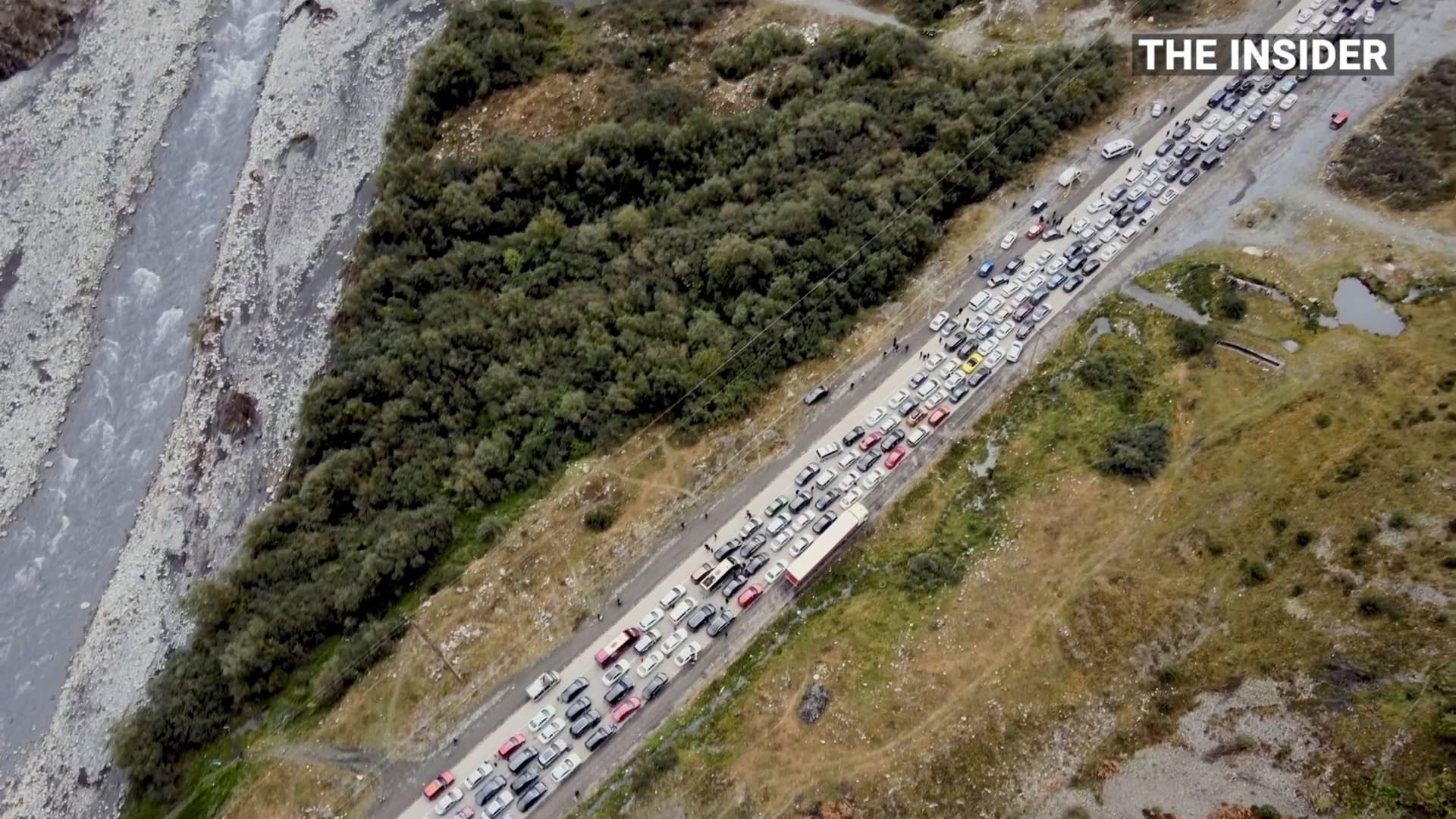 Drone footage shows long queues of vehicles on the way to exit Russia on its border with Georgia, in Verkhny Lars, Russia, September 26, 2022, in this still image obtained from a video.