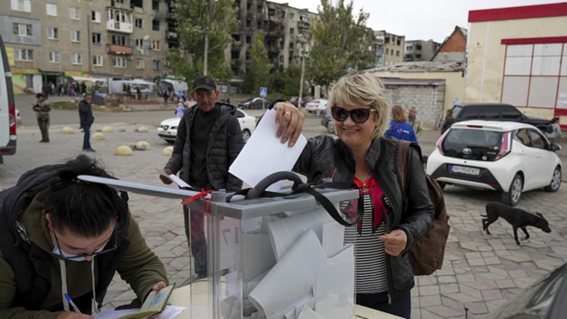 People cast their votes in controversial referendums in Mariupol, Donetsk Oblast, Ukraine on Sept. 26, 2022. Voting runs from Friday to Tuesday in Luhansk, Donetsk, Kherson and Zaporizhzhia. Voters are asked to decide if they want these regions to become part of Russia.