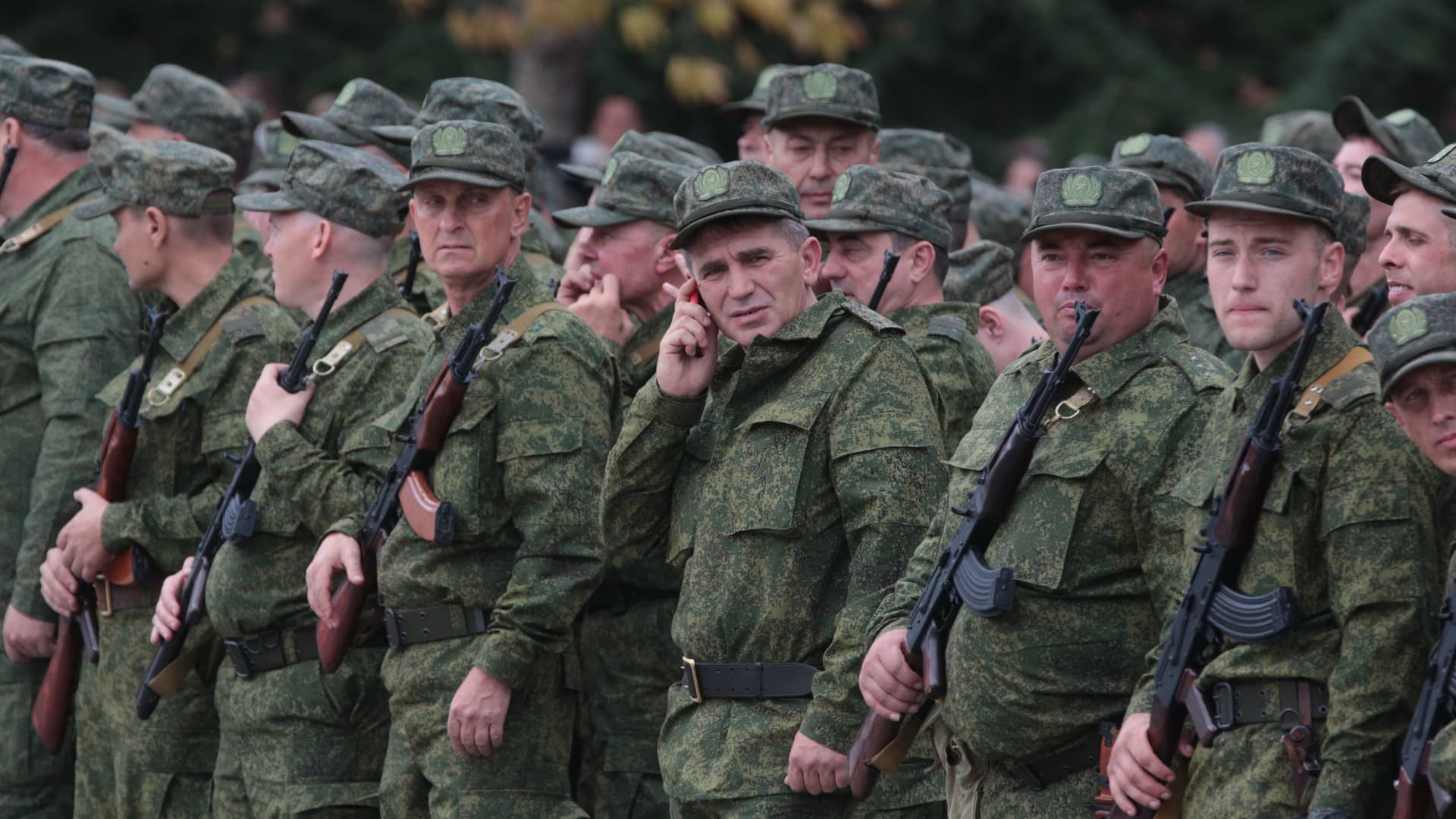 Reservists drafted during the partial mobilization attend a departure ceremony in Sevastopol, Crimea, on Sept. 27, 2022.