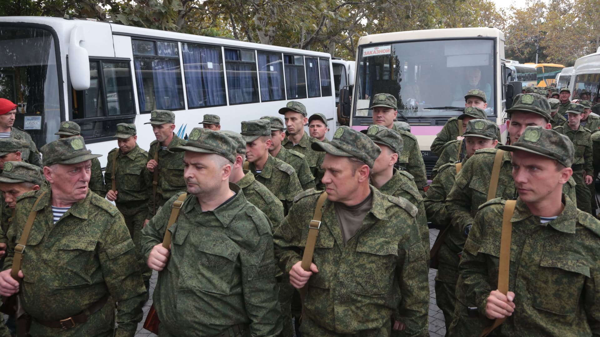 Reservists drafted during the partial mobilisation attend a departure ceremony in Sevastopol, Crimea, on September 27, 2022. 