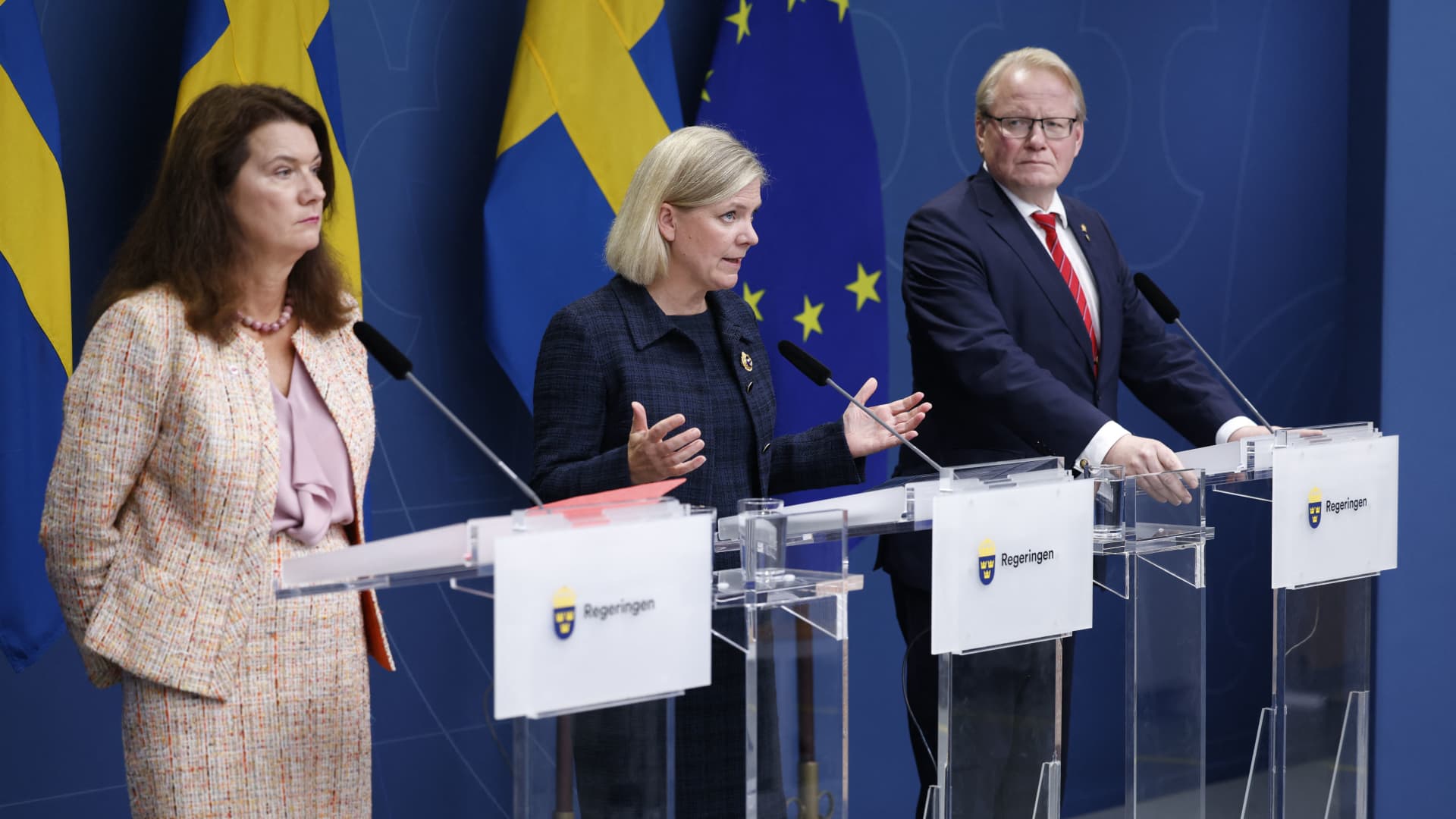 (L to R) Sweden's Foreign Minister Ann Linde, Prime Minister Magdalena Andersson and Defense Minister Peter Hultqvist hold a press conference on the gas leak in the Baltic Sea from Nord Stream in Stockholm, on Sept. 27, 2022.