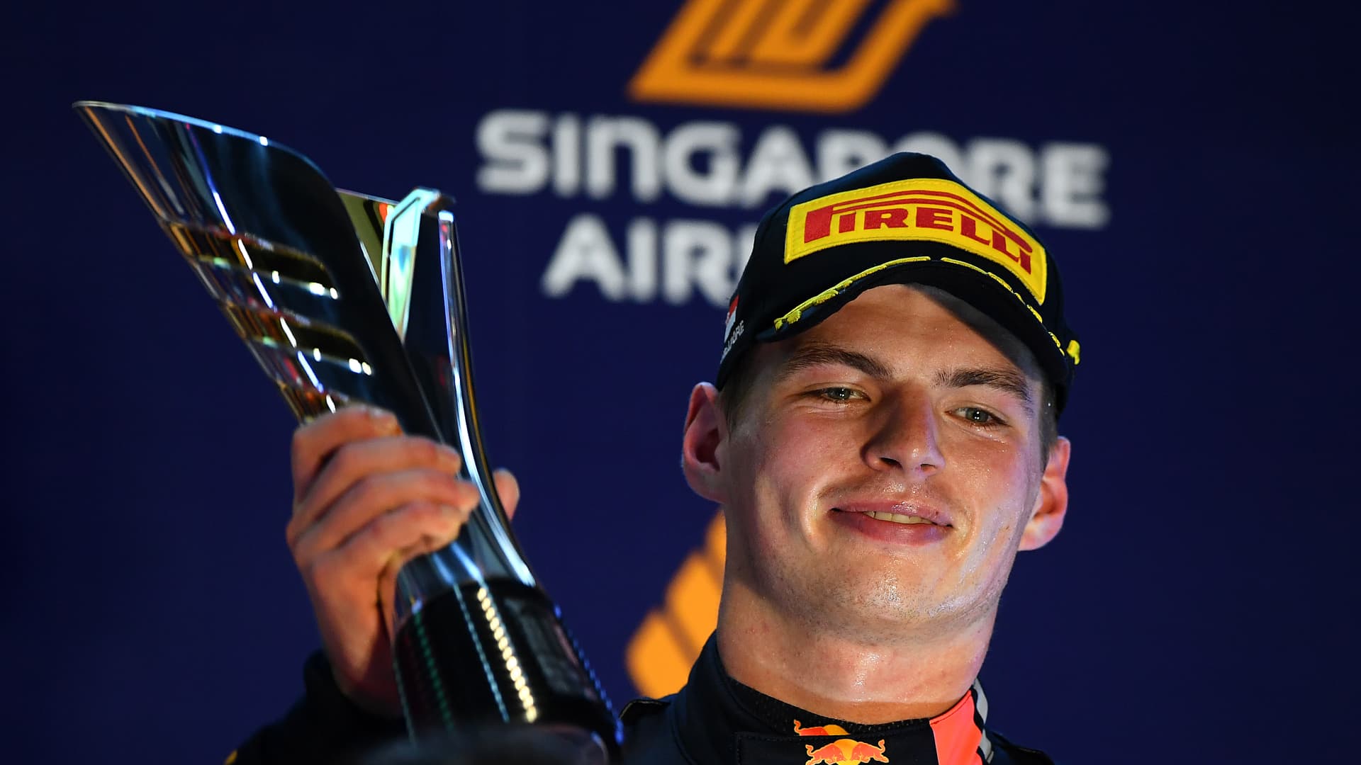 Max Verstappen wins third place and celebrates on the podium during the Singapore Grand Prix at the Marina Bay Street Circuit on Sept. 22, 2019. The Singapore Grand Prix is set to return as the Formula One's only night race on Oct. 2.