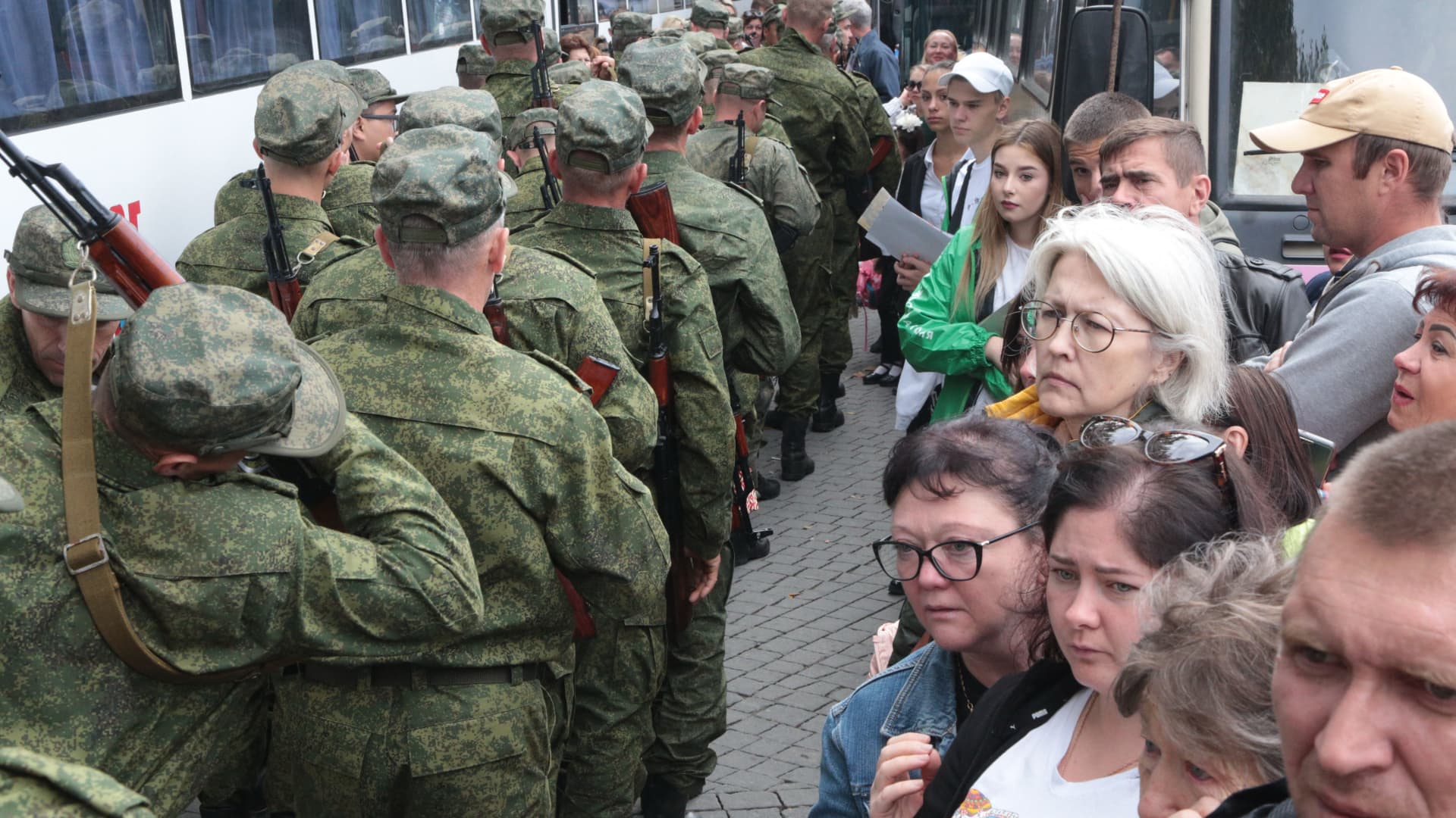 Reservists drafted during the partial mobilisation attend a departure ceremony in Sevastopol, Crimea, on September 27, 2022. -