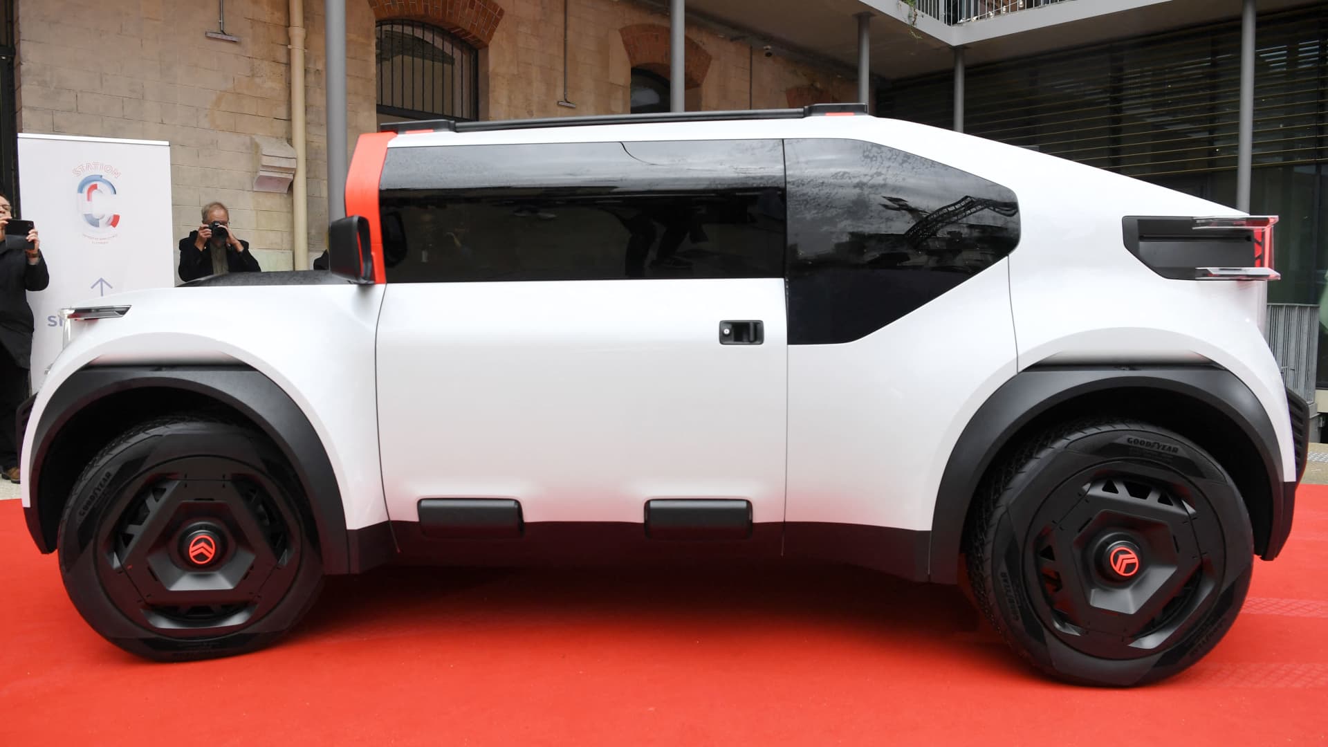 Citroen's oli concept car photographed in Paris on September 29, 2022. The carmaker says it has a top speed of 68 miles per hour.