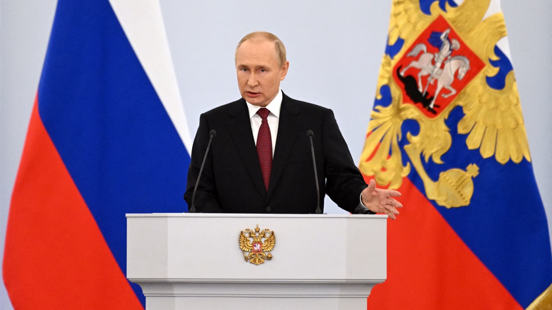 Russian President Vladimir Putin gives a speech during a ceremony formally annexing four regions of Ukraine Russian troops occupy, at the Kremlin in Moscow on September 30, 2022.