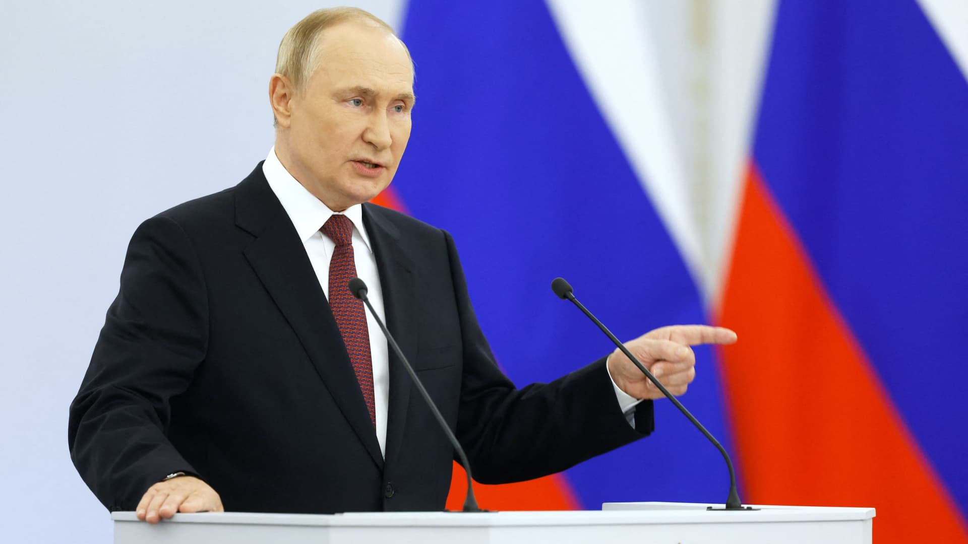 Russian President Vladimir Putin gives a speech during a ceremony formally annexing four regions of Ukraine Russian troops occupy - Lugansk, Donetsk, Kherson and Zaporizhzhia, at the Kremlin in Moscow on September 30, 2022.