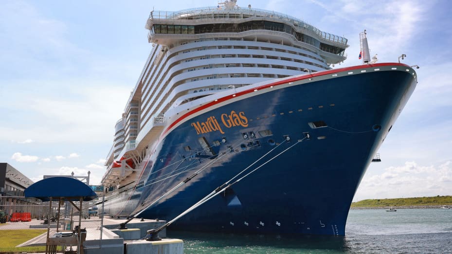 The brand new Carnival Cruise Line ship Mardi Gras, docked at Port Canaveral, Florida, on July 30, 2021.