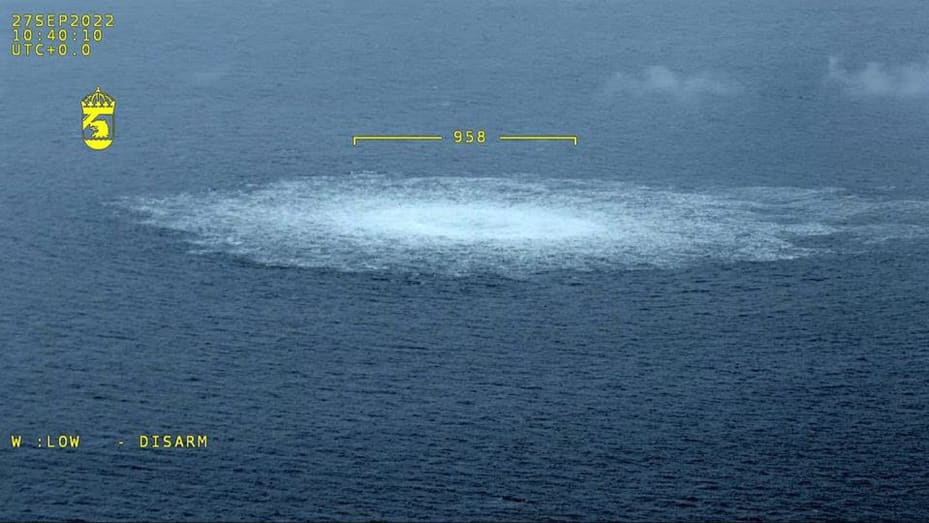 In this Handout Photo provided by Swedish Coast Guard, the release of gas emanating from a leak on the Nord Stream 2 gas pipeline in the Baltic Sea on September 27, 2022 in At Sea.