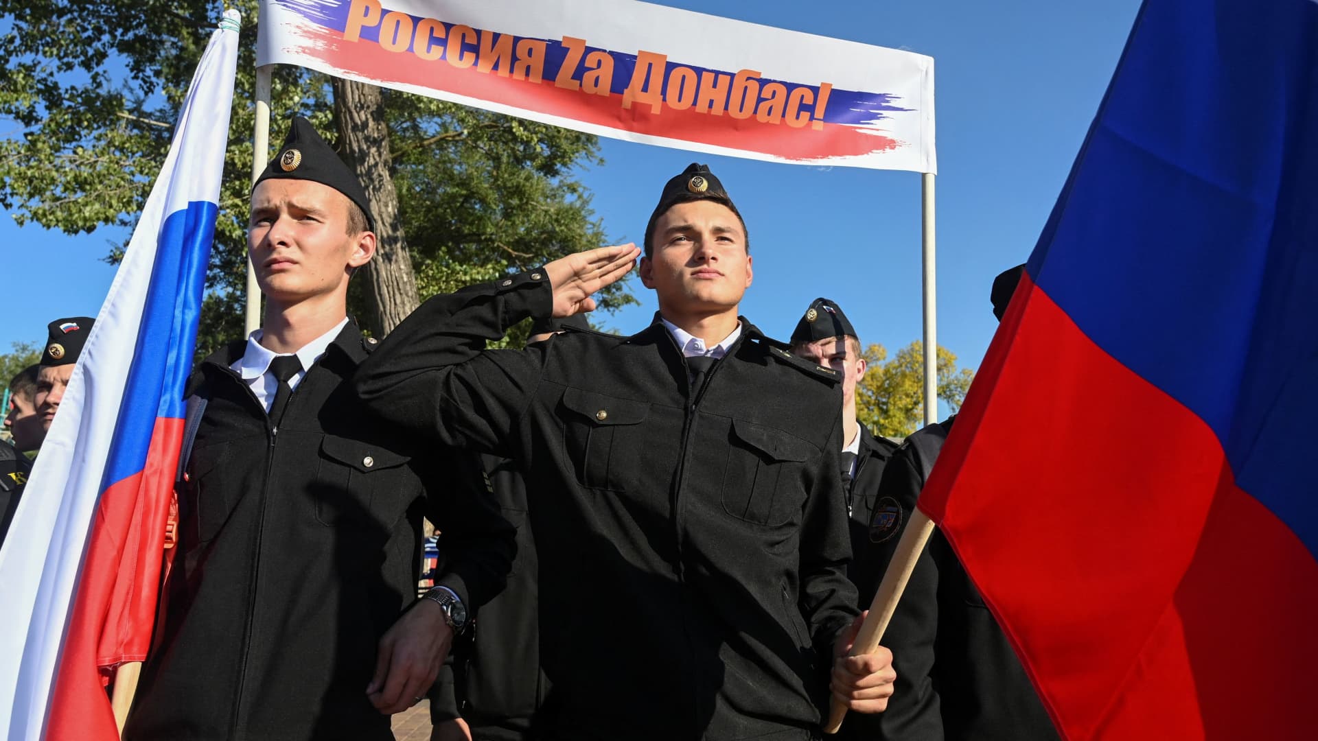 Cadets attend an event marking the declared annexation of the Russian-controlled territories of four Ukraine's Donetsk, Luhansk, Kherson and Zaporizhzhia regions, after holding what Russian authorities called referendums in the occupied areas of Ukraine that were condemned by Kyiv and governments worldwide, in Rostov-on-Don, Russia, September 30, 2022.