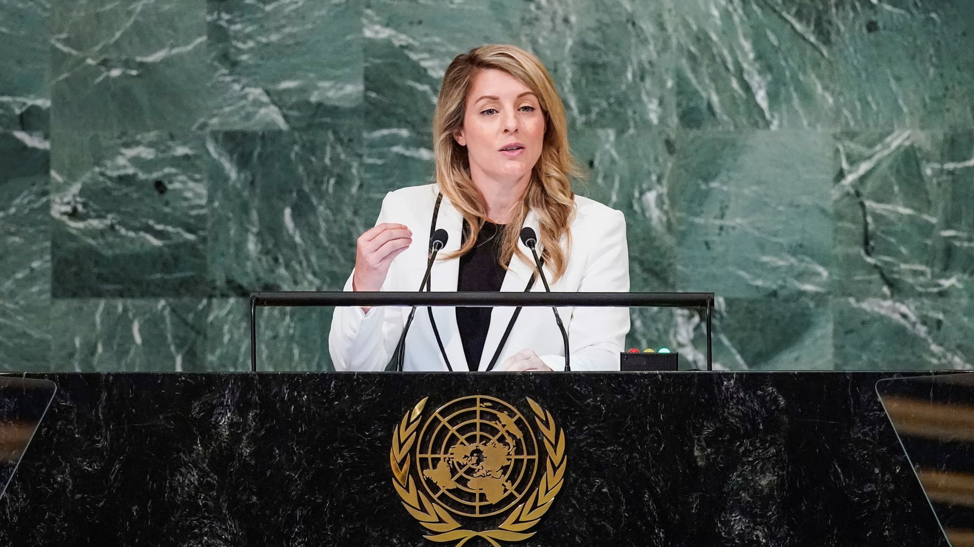 Canada's Minister of Foreign Affairs Melanie Joly addresses the 77th Session of the United Nations General Assembly at U.N. Headquarters in New York City, September 26, 2022.