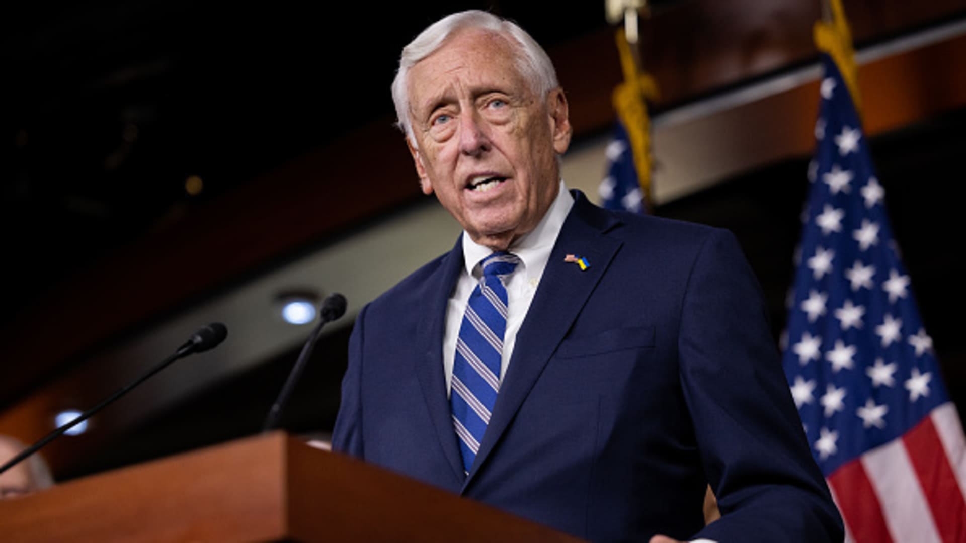WASHINGTON, USA - JULY 28: House Majority Leader Steny Hoyer (D-MD) speaks during a news conference on the Wildfire Response and Drought Resiliency Act inside the U.S. Capitol in Washington, United States on July 28, 2022