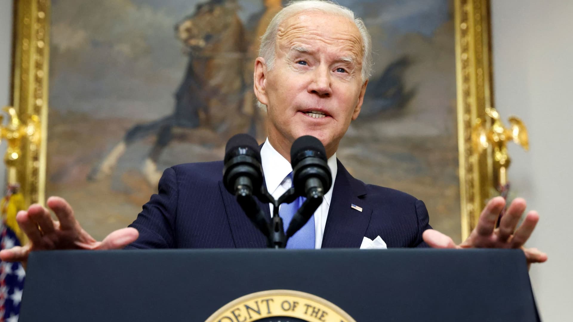 U.S. President Joe Biden makes remarks about Russian President Vladimir Putin's comments on the military conflict in Ukraine after delivering remarks on the federal response to Hurricane Ian at the White House in Washington, September 30, 2022.