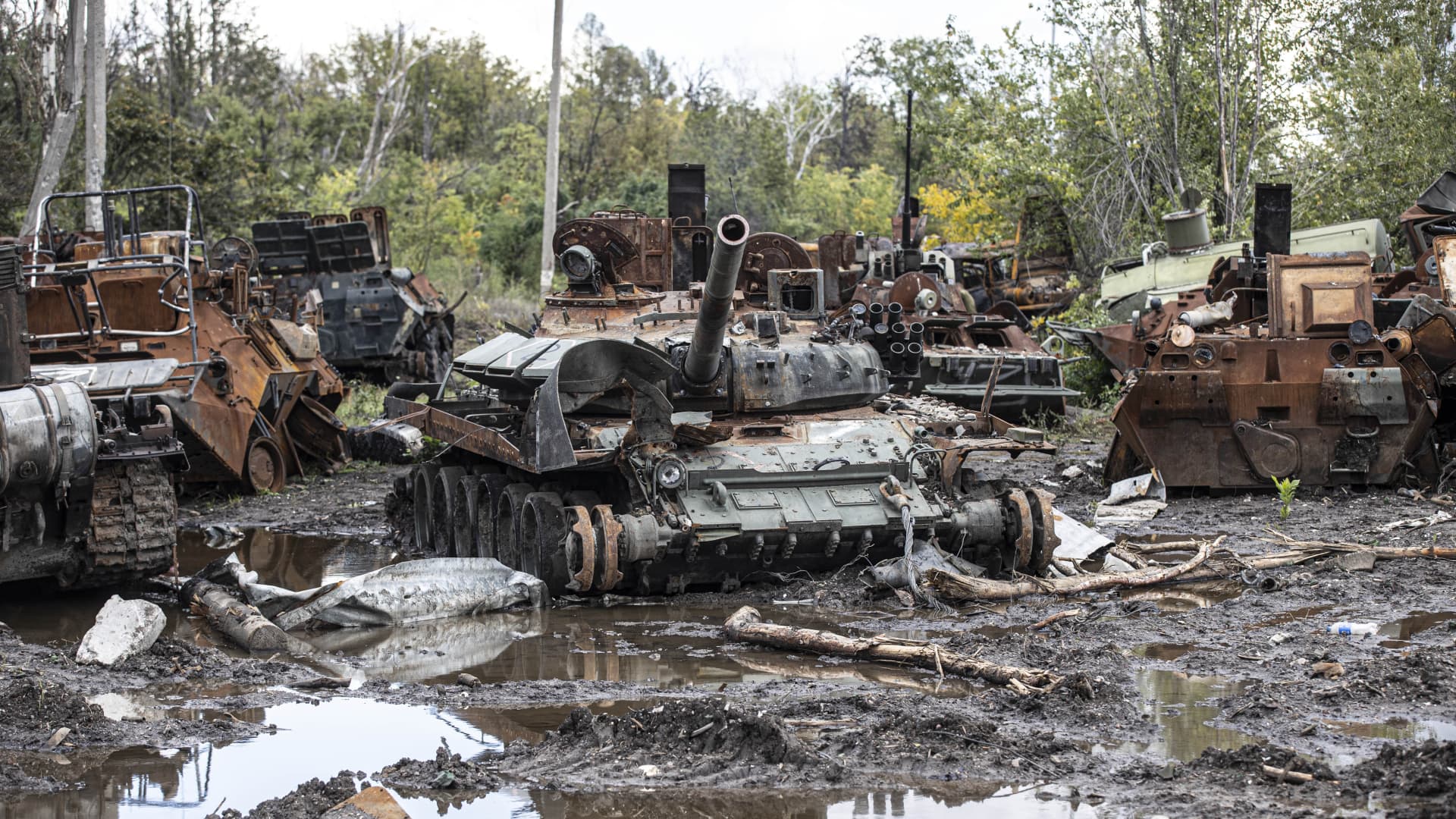 Destroyed Russian armored vehicles left behind by the Russian forces in Izium, Kharkiv, Ukraine on October 02, 2022. 