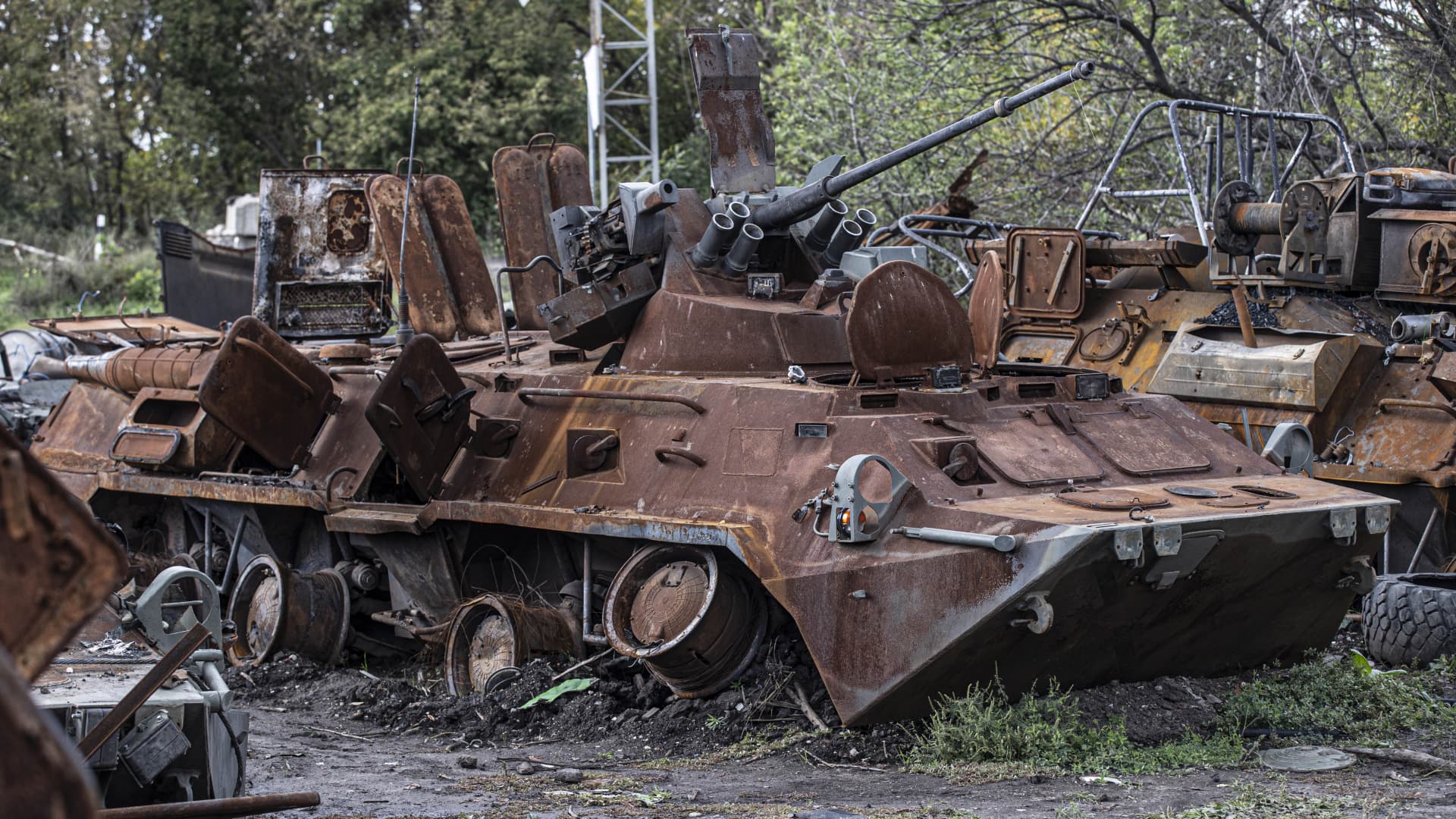 Destroyed Russian armored vehicles left behind by the Russian forces in Izium, Kharkiv, Ukraine on October 02, 2022.