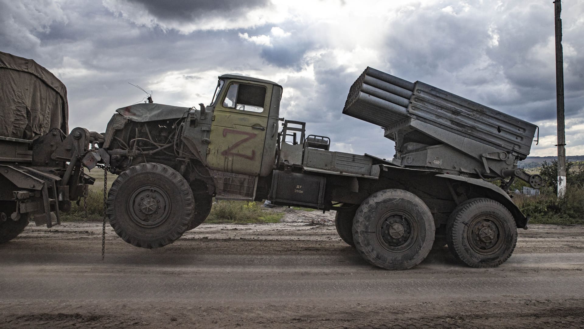 Ukrainian forces transport Russian vehicles and missile launch pads left behind by the Russian forces in Izium, Kharkiv, Ukraine on October 02, 2022.