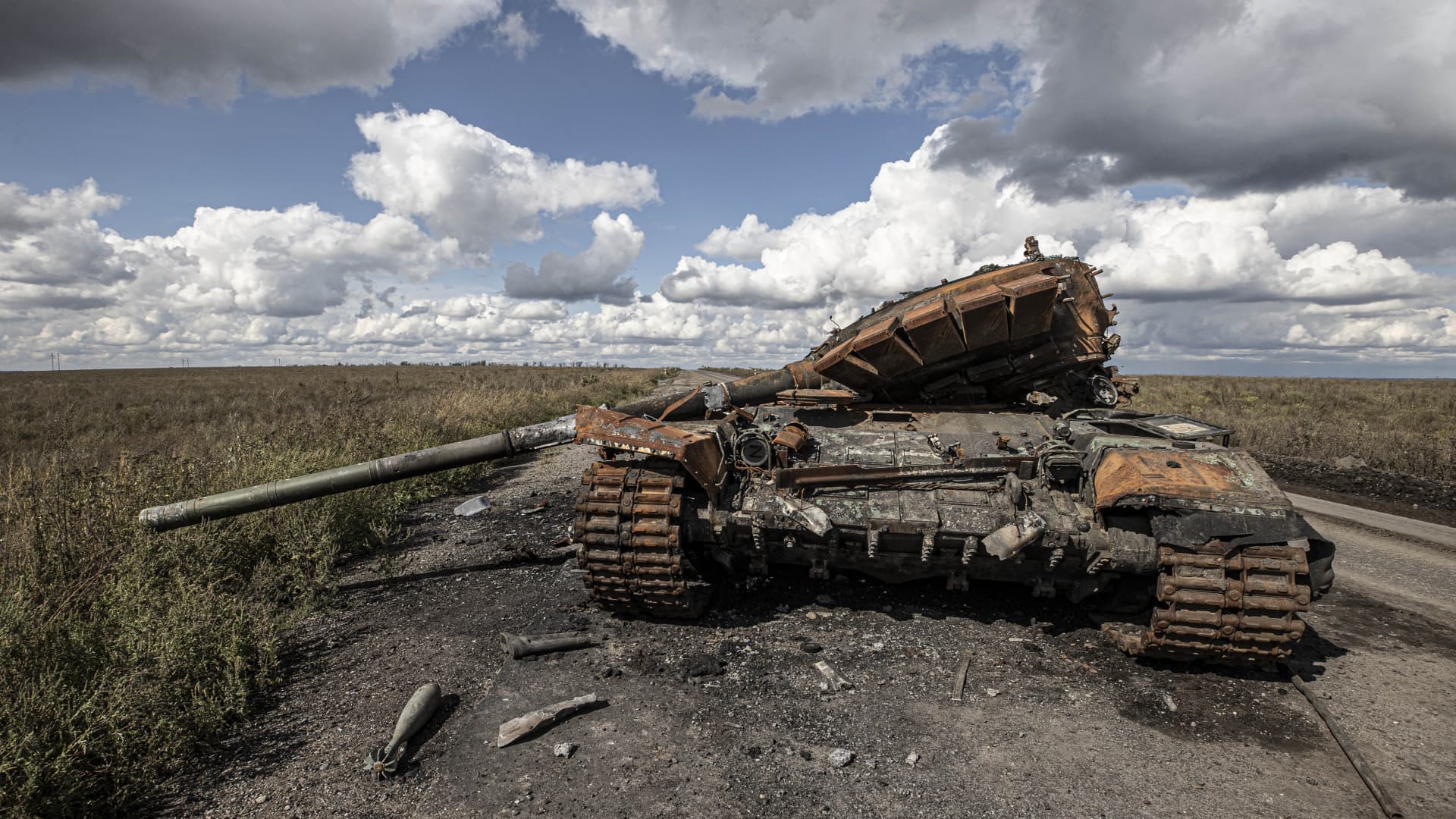 A destroyed Russian armored vehicle left behind by the Russian forces in Izium, Kharkiv, Ukraine on October 02, 2022. (Photo by Metin Aktas/Anadolu Agency via Getty Images)