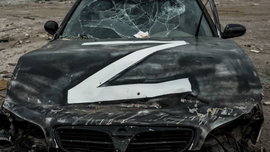 BALAKLIIA, UKRAINE - SEPTEMBER 26: Wreckage of a car marked with Russian military symbol “Z” stands at Russian military base, which Ukrainian Forces destroyed by HIMARS during a counteroffensive in Kharkiv Oblast, on September 26, 2022 in Balakliia, Ukraine. Balakliia was under Russian occupation for half a year. On September 10, Ukrainian Armed Forces liberated the city. In the liberated Balakliia, law enforcement officers found a torture chamber that the Russian military had set up for local residents