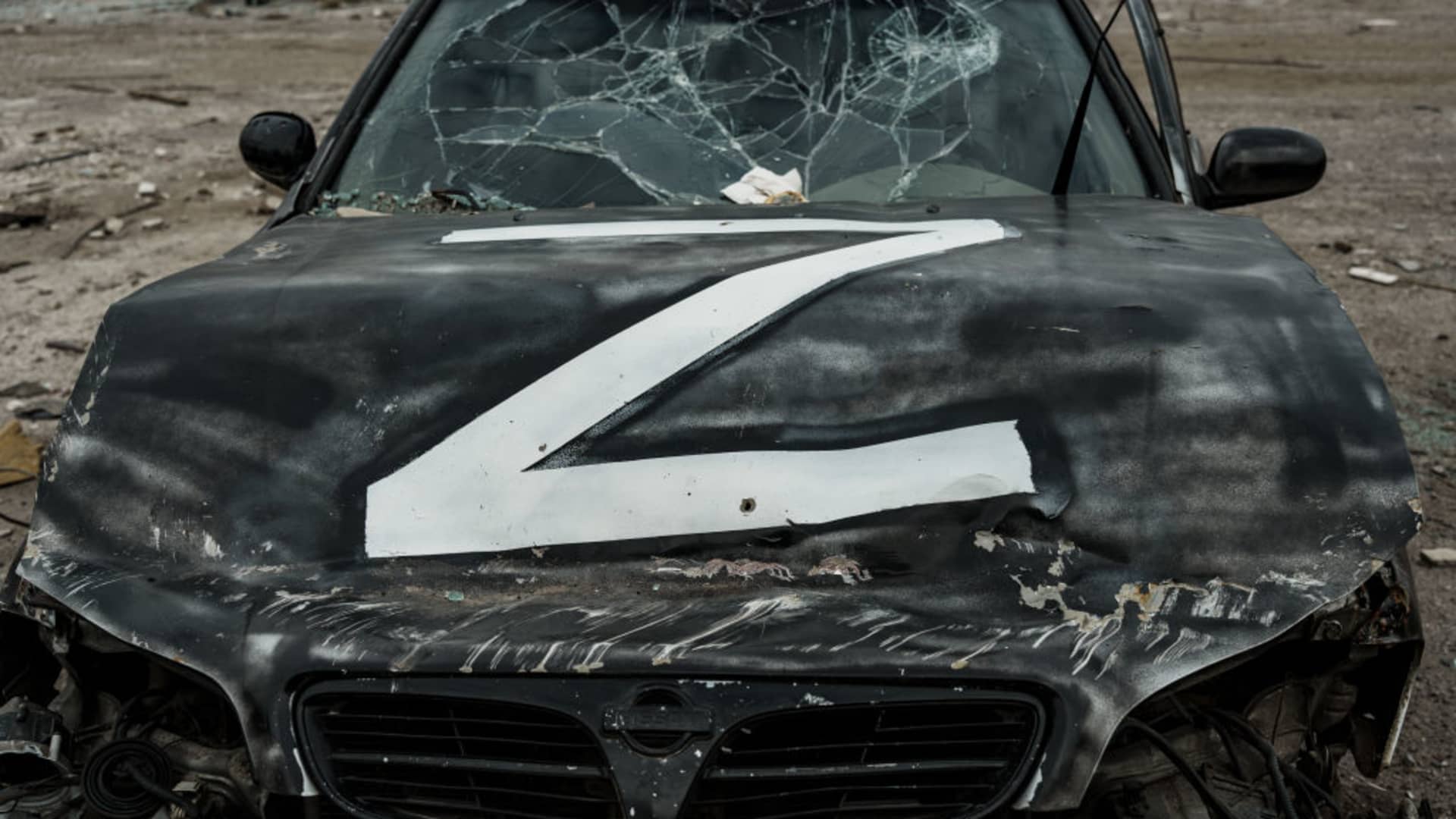 Wreckage of a car marked with a Russian military symbol “Z” at a Russian military base, which Ukrainian forces destroyed by HIMARS during a counteroffensive in Kharkiv Oblast, on Sept. 26, 2022 in Balakliia, Ukraine. Balakliia was under Russian occupation for half a year. On Sept. 10, Ukraine's armed forces liberated the city.