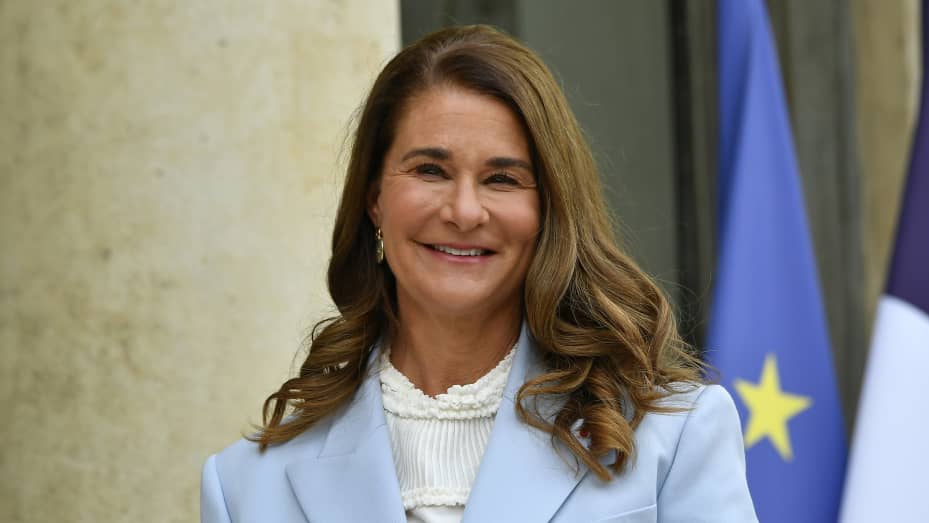 Melinda French Gates arrives at Elysee Palace for the Generation Equality Forum hosted by French President Emmanuel Macron on July 01, 2021 in Paris, France.