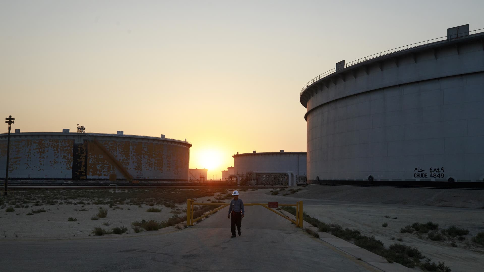 Crude oil storage tanks at the Juaymah Tank Farm in Saudi Aramco's Ras Tanura oil refinery and oil terminal in Saudi Arabia, in 2018.