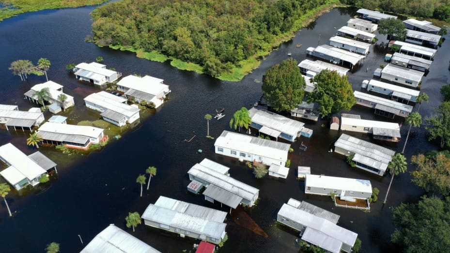 The Jade Isle Mobile Home Park is flooded in this aerial view from a drone in St. Cloud. Residents of the community were issued a voluntary evacuation order due to rising water levels in the aftermath of Hurricane Ian.