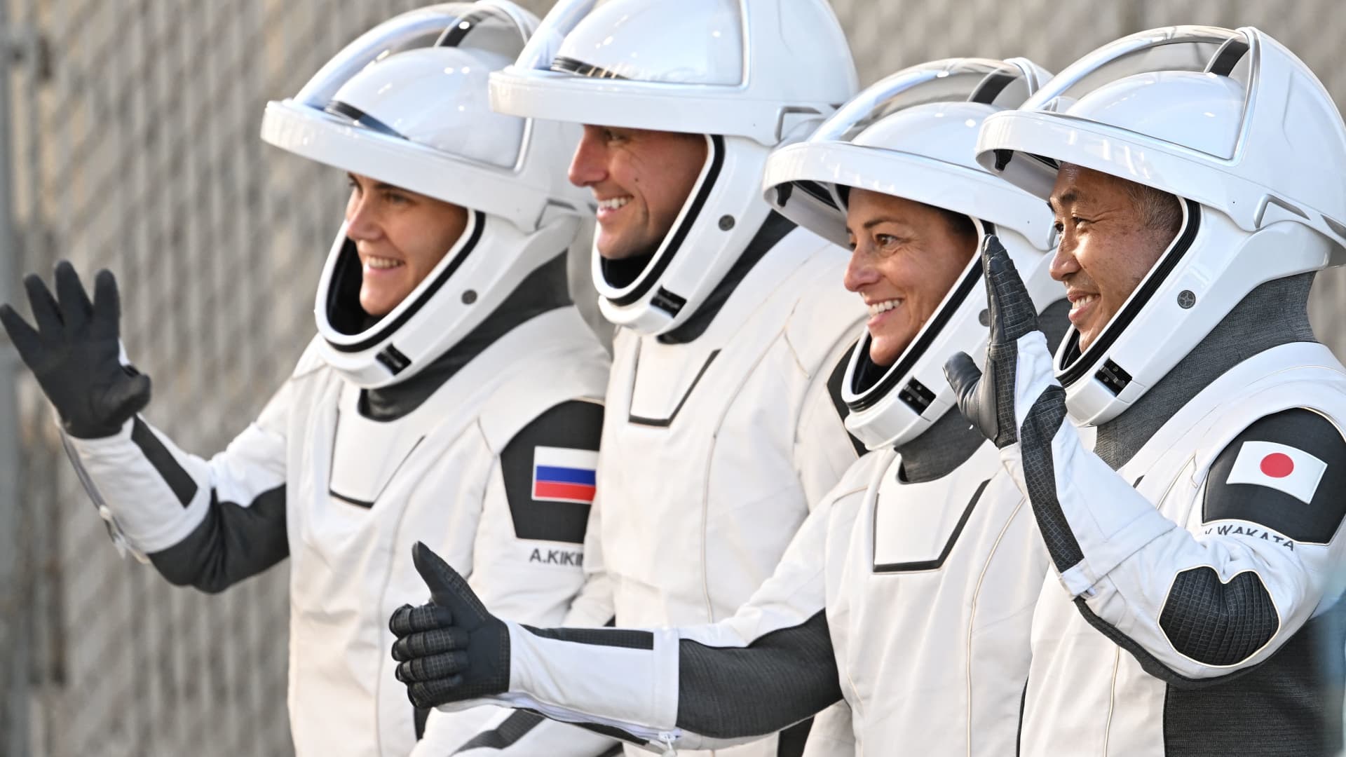 Left to right: Russian cosmonaut Anna Kikina, NASA astronaut Josh Cassada, NASA astronaut Nicole Mann, and Japanese astronaut Koichi Wakata arrive ahead of the launch of the SpaceX Crew-5 mission from the Kennedy Space Center in Florida on October 5, 2022.