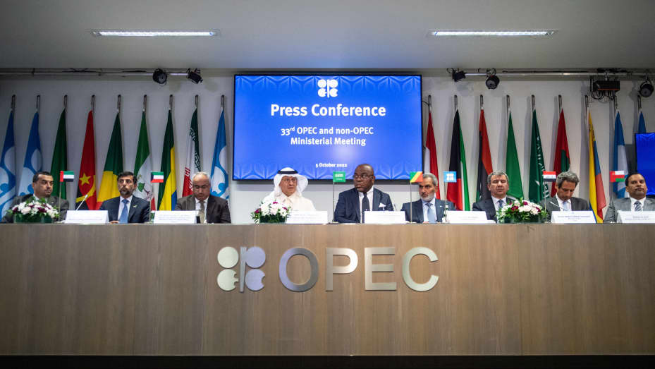 Representatives of OPEC member countries attend a press conference after the 45th Joint Ministerial Monitoring Committee and the 33rd OPEC and non-OPEC Ministerial Meeting in Vienna, Austria, on October 5, 2022. - The OPEC+ oil cartel meets for the first time face-to-face since Covid curbs were introduced in 2020. (Photo by VLADIMIR SIMICEK / AFP) (Photo by VLADIMIR SIMICEK/AFP via Getty Images)