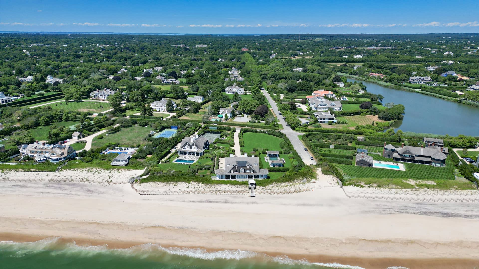 Aerial view of the La Dune estate from over the ocean.