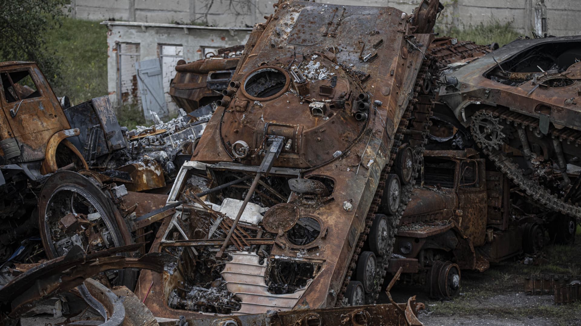 Destroyed armored vehicles and tanks belonging to Russian forces, after they withdrew from the city of Lyman in the Donetsk region in Ukraine on Oct. 5, 2022.