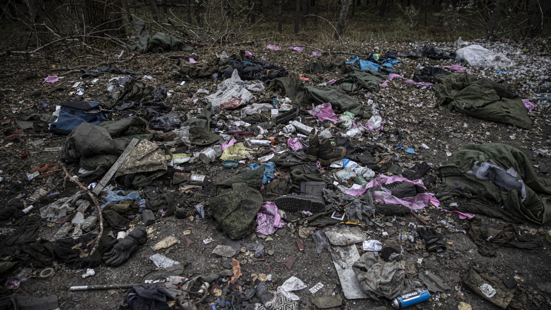 A view of remains belonging to Russian forces after Russian forces withdrawn from the city of Lyman in the Donetsk region (Donetsk Oblast), Ukraine on October 05, 202.