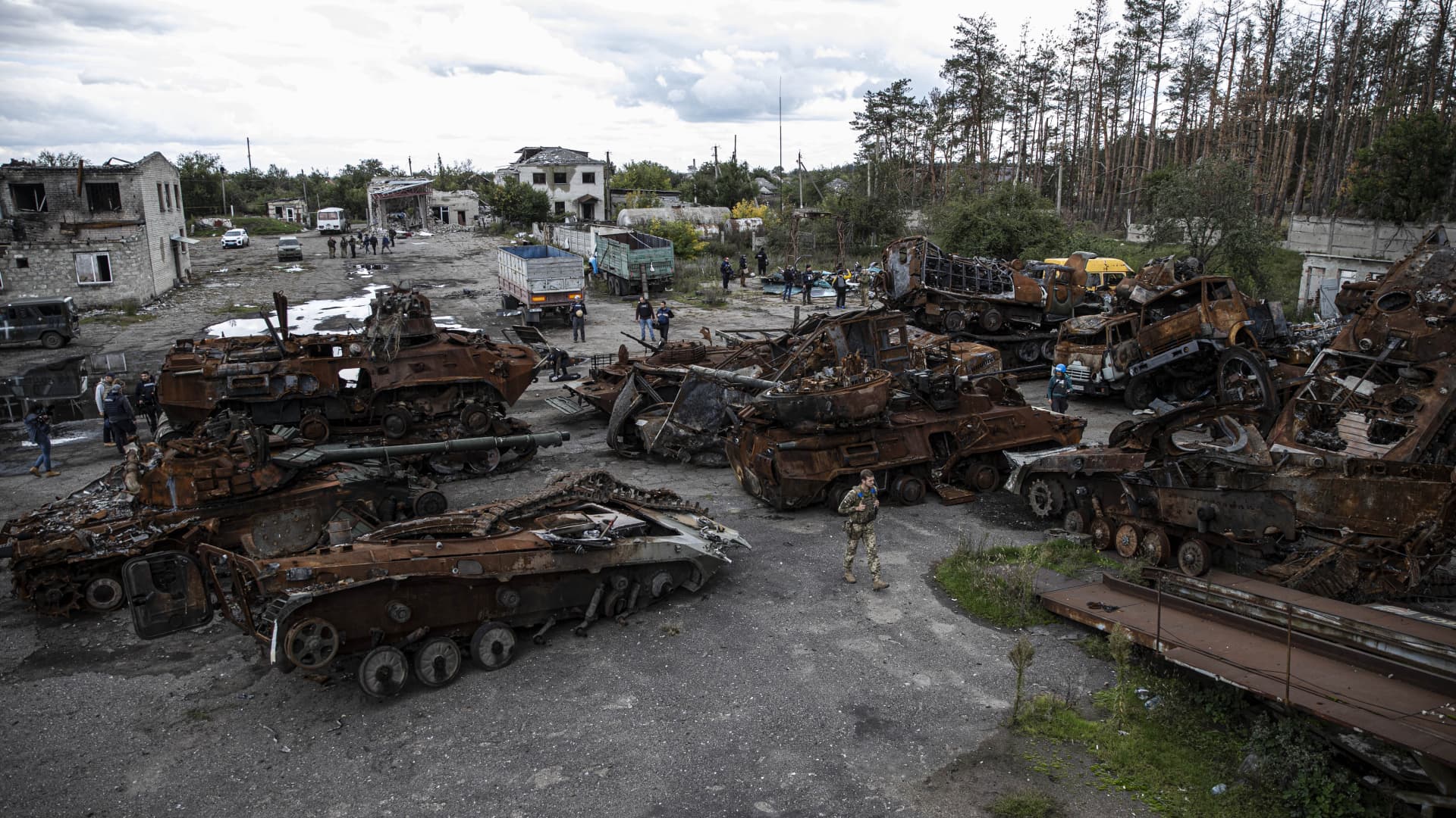 A view of destroyed armored vehicles and tanks belonging to Russian forces after Russian forces withdrawn from the city of Lyman in the Donetsk region (Donetsk Oblast), Ukraine on October 05, 202.