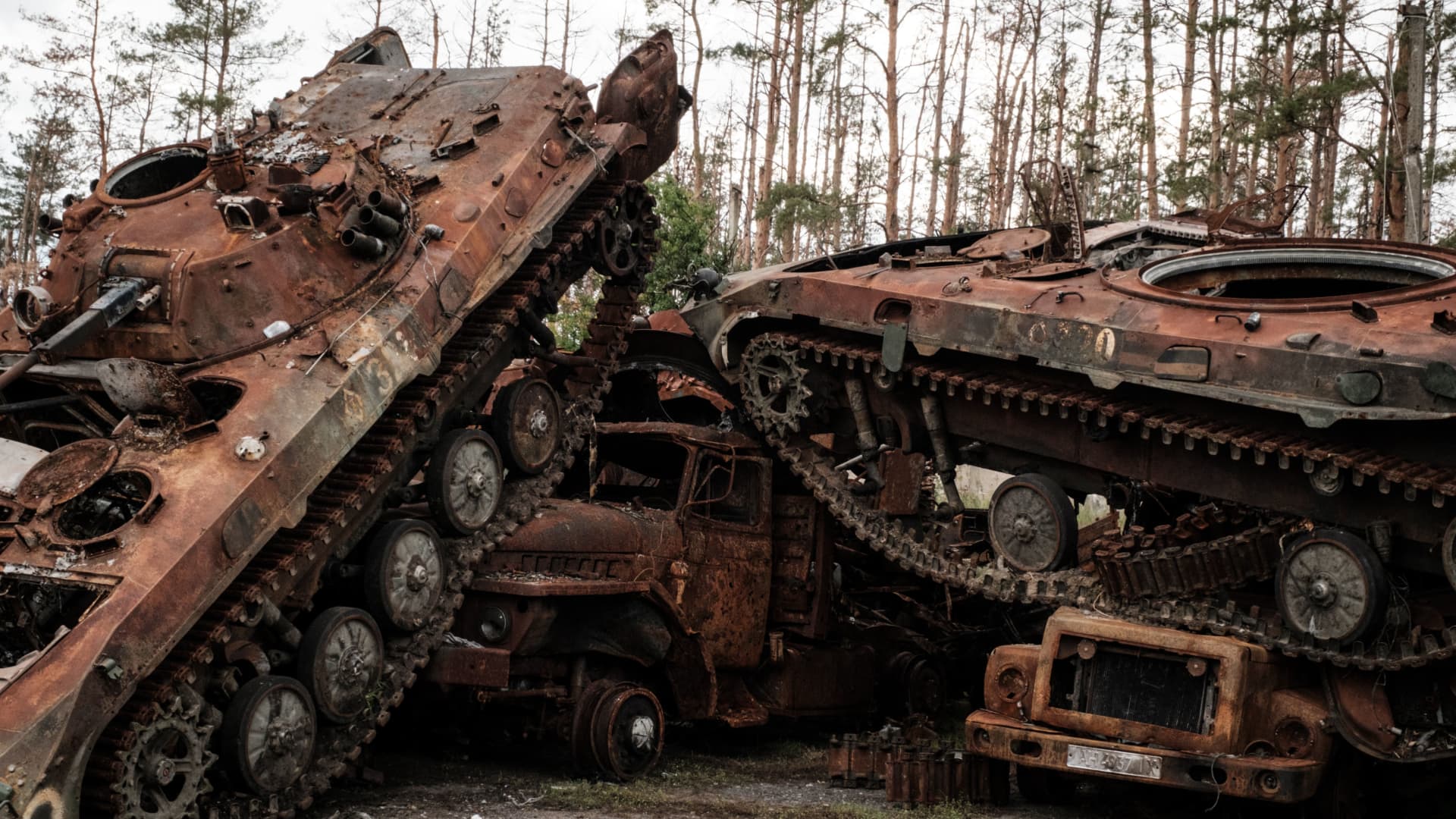 This photograph, taken on Oct. 5, 2022, shows destroyed Russian armored vehicles gathered at a collection point in an animal feed plant in the recently retaken town of Lyman in the Donetsk region, amid the Russian invasion of Ukraine.