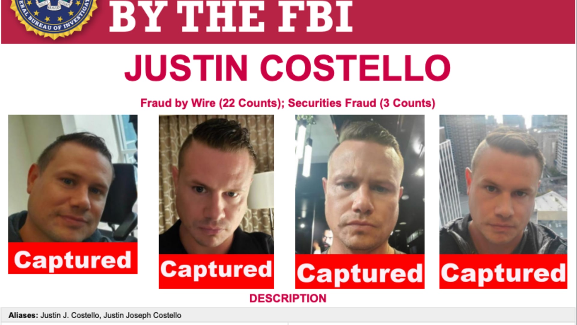 FBI Poster for Justin Costello