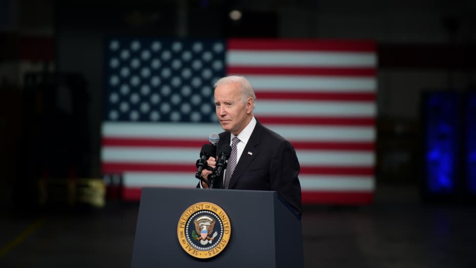A photo of US President Joe Biden speaking at an IBM facility in Poughkeepsie, New York, US, on Thursday, Oct. 6, 2022.
