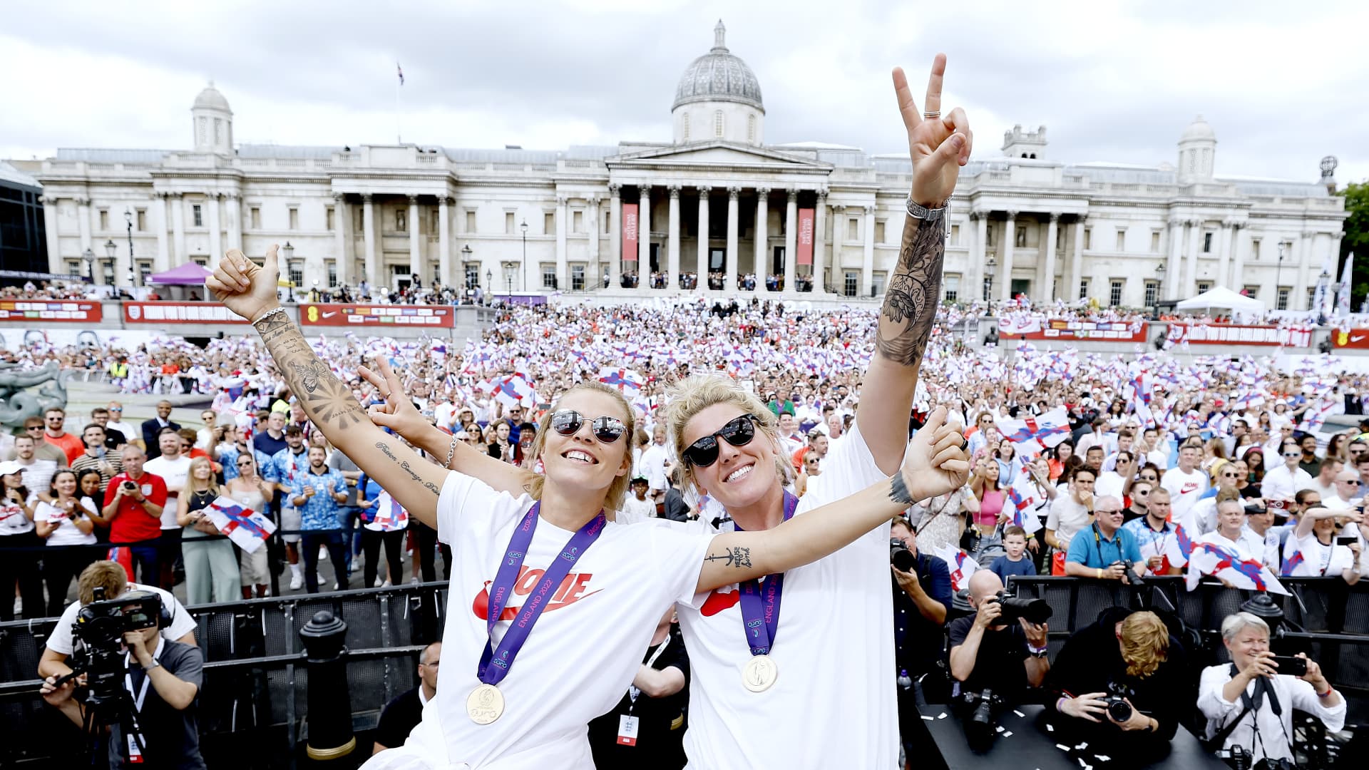 Rachel Daly and Millie Bright of England celebrate during the England Women's Team Celebration at Trafalgar Square on Aug. 1, 2022 in London.