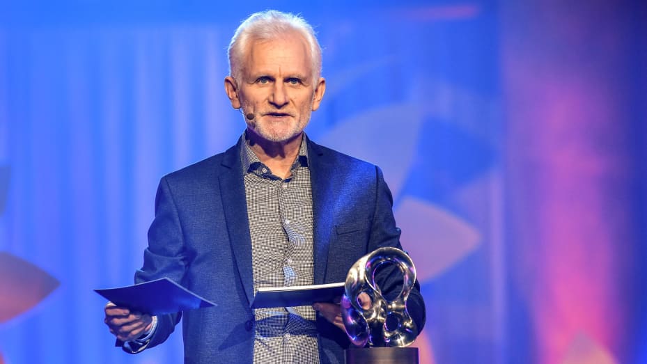 Belarusian human rights activis Ales Bialiatski speaks after he and the Belarusian human rights organization Vjasna were awarded the 2020 Right Livelihood Award in Stockholm on December 3, 2020.