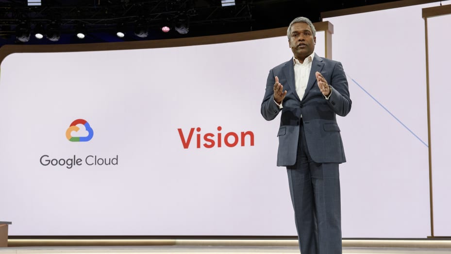 Google Cloud CEO Thomas Kurian speaks during the Google Cloud Next event in San Francisco on April 9, 2019.