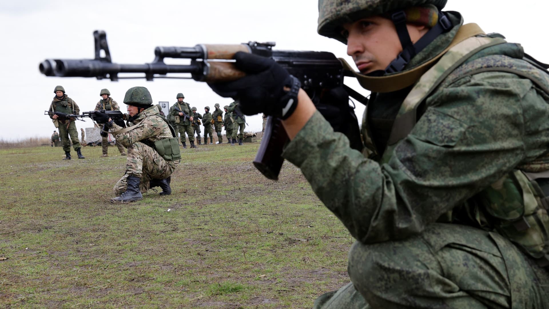 Russian newly-mobilized reservists train at a shooting range in the Donetsk region, Russian-controlled Ukraine, October 10, 2022.